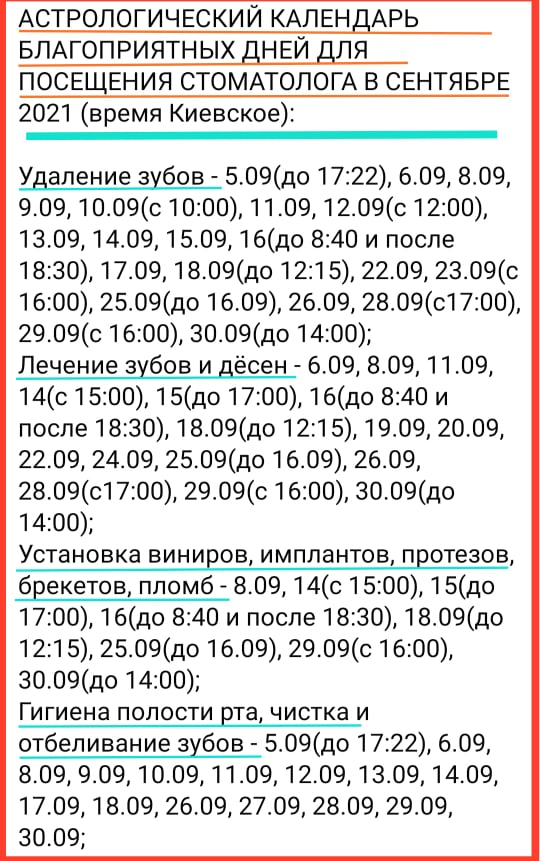 АСТРОЛОГИЧЕСКИЙ КАЛЕНДАРЬ БЛАГОПРИЯТНЫХ ДНЕЙ ДЛЯ ПОСЕЩЕНИЯ СТОМАТОЛОГА В СЕНТЯБРЕ 2021 (время Киевское)